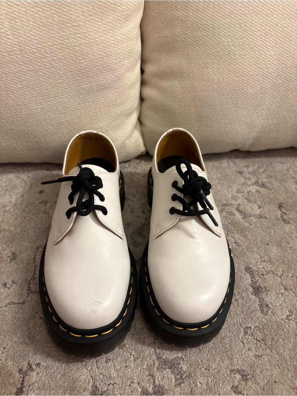 Dr. Martens White Leather Lace-Up Flats with Black Laces and Yellow Stitching